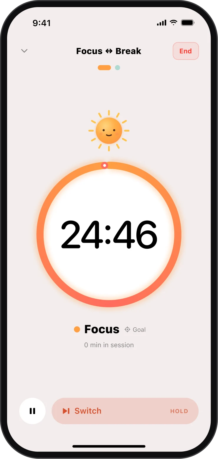 Sunny's focus screen: a Focus ↔ Break session counting down 24:46 on the sunrise dial, with the mascot above it and a hold-to-switch button.