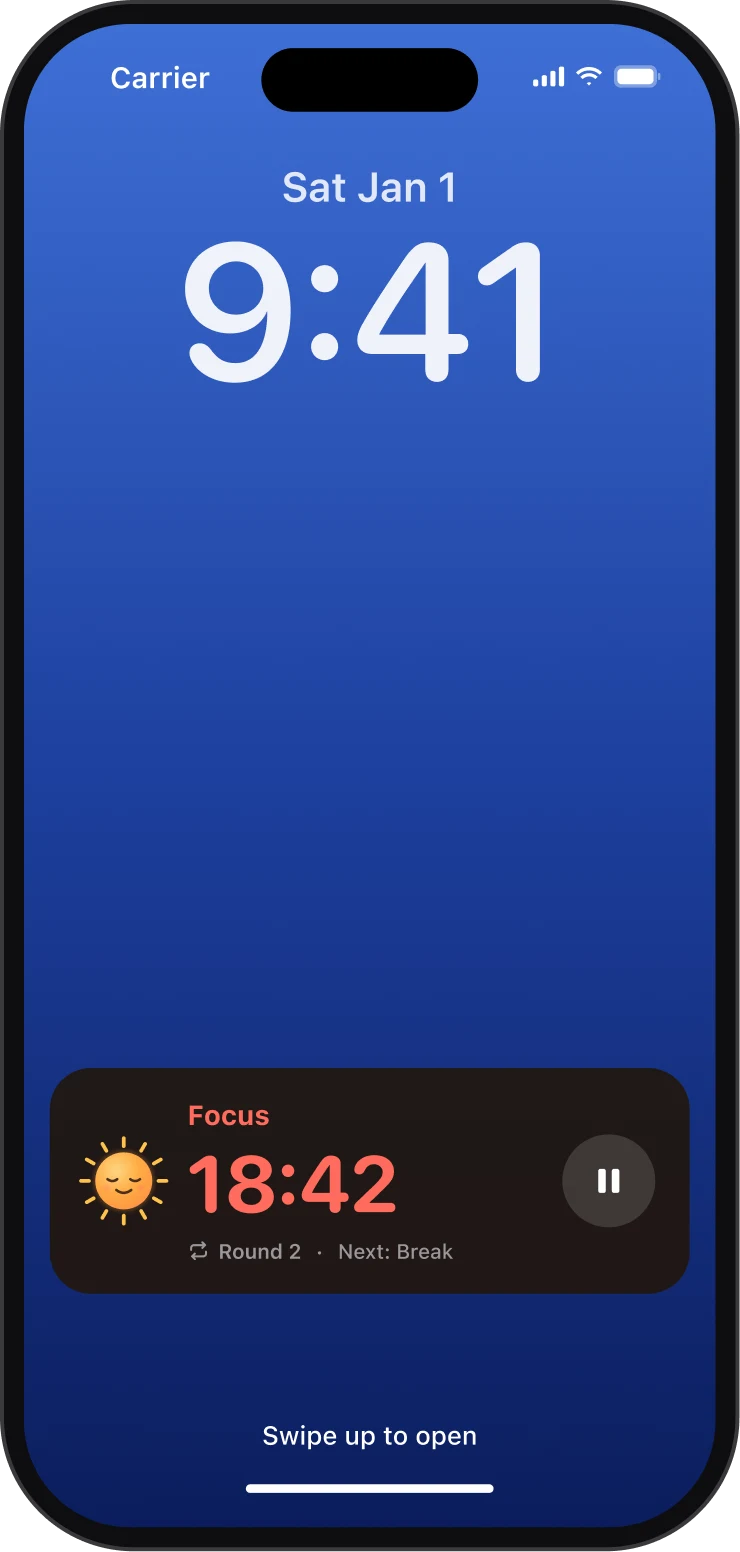 The iPhone Lock Screen with Sunny's Live Activity: Focus, 18:42 remaining, round 2, next: Break, with a pause button.